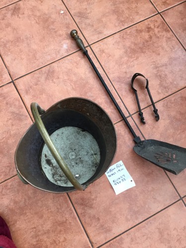 Antique coal scuttle tongs and - coal,