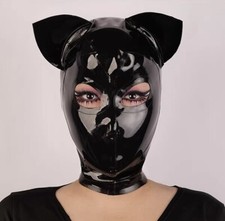 Sexy Black Latex Hood with Pig Ears Back Zipper Open Eyes Rubber Mask Cosplay US