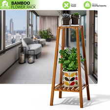 Bamboo 2 Tier Tall Plant Stand Pot Holder Small Space Table Garden Planter