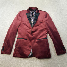 Next Mens Jacket 36R Burgundy Velvet Tuxedo Smoking Blazer Satin Lapels Slim Fit