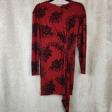 ZARA Red Green Velvet Floral Asymmetric Long Sleeve Draped Dress Size Small