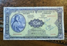 VERY LARGE IRISH LADY LAVERY 50 POUND 1970 BANKNOTE IRELAND PUNT OLD  