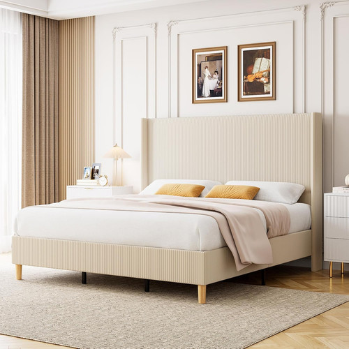 Beige velvet king size - velvet, bed