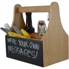 4 Compartment Chalk Wooden Crate Storage Box Cutlery Caddy Condiment Pot Holder