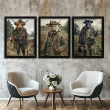 Set of 3 Prints Highland Cow Wall Art Farm Animals Picture Cow In Tweed Suit Art