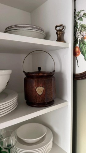 Vintage wooden biscuit barrel - biscuit,