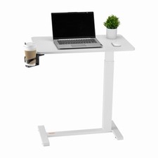 Overbed Table Mobile Bed Side Desk with 4 Hidden Wheels Cup Holder White