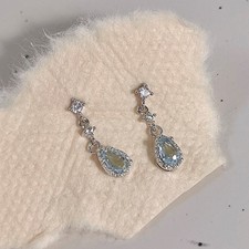 Drop Shape Created Aquamarine & Tiny Diamond Dangle 925 Sterling Silver Earrings
