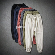 Men Cotton Linen Trousers Baggy Pants Harem Style Elastic Waist Loose Casual