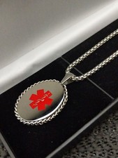 Large Medical Alert SOS Talisman Oval Silver Steel Necklace Engraved Info