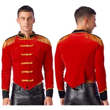 Mens Circus Ringmaster Drummer Costume Fringed Shoulder Velvet Jacket Coat UK