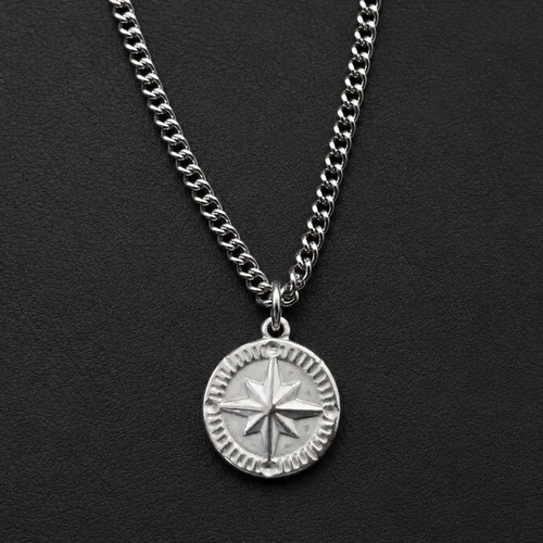 Men silver compass - silver, necklace