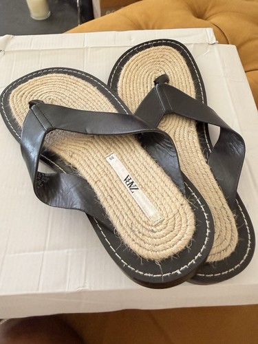 Zara black leather jute flat - zara,
