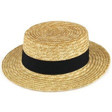 Straw Boater Hat Sailor Skimmer BLACK Band Hawkins Summer Sun Cap