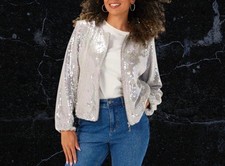 BNWT Dannii Minogue Silver Sequin Collarless Bomber Jacket