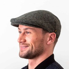 Irish Tweed Flat Cap Hat from Ireland Donegal Tweed Dark Green Herringbone weave