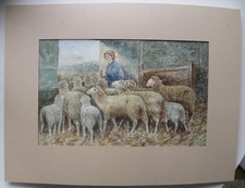 Antique c1890-1900 Watercolor Rachel the Shepherdess & her Flock