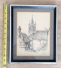 Original Pencil Etching Oude Kerk Old Church Delft Netherlands Anton Pieck 1954