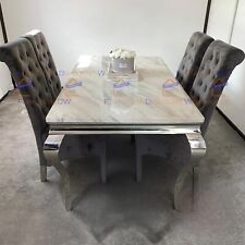FurnitureDW 150cm Louis White Marble Chrome Dining Table and 4 Chairs Grey Set