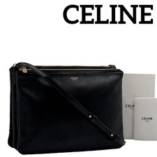 CELINE Trio Small Shoulder Bag Pochette Black Leather Authentic