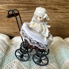 Antique German Bisque Miniature Jointed Baby Doll And Pram