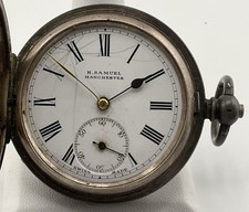 Antique H. Samuel Manchester Key Wind Sterling Silver Pocket Watch W/ Key 