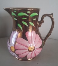Vintage Wade Copper Gold Lustre Ceramic Jug With Hand Painted Flower Details