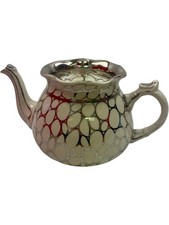 Vintage Arthur Wood Ceramic Art Deco Silver Teapot with Geometric Pattern Accent