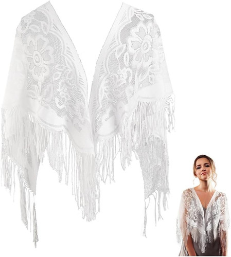 White floral lace shawl - white,