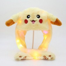 Cute Fun Pikachu Rabbit Hat Plush Moving Ears Pressing Cap with Colorful Led