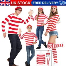Adult Boys Girls Wheres Wally Halloween Cosplay Fancy Dress Xmas Hat Costume Set