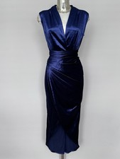 Navy Velvet Plunge Neckline Ruched Evening Party Dress Size 18