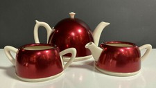 1930's Art Deco Everhot Teapot Creamer & Sugar Set Ceramic & Metal Insulation 
