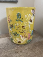 Vintage Hand painted Stoneware Crock Yellow Flowers Floral Cottage Pot 8.75”