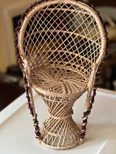 Wicker Chair Fan Back Rattan Doll Plant Stand Small Boho Brown Tan Peacock 16”