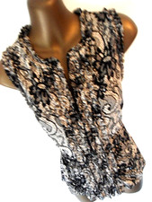 Joseph Ribkoff Black & beige sequin top 14 zip ruffle front sleeveless (9204