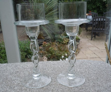 Pair Candle Tea Light Holders clear glass twisted stem 7inch tall