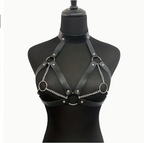 Chest harness leather cage bra - leather,