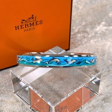 Vintage Hermes Enamel Bangle Bracelet Blue Enamel Dolphin Silver Rim 65 w/Box
