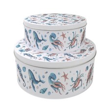 Set of 2 Sea Life Cake Tins - Coastal Round Metal Storage Gifts for Baking