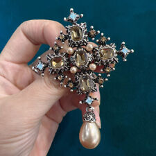 Large Vintage Style Gothic Inspired Crystal & Faux Pearl Ornate Cross Brooch