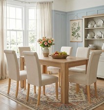 Dining Table Set, Oak Fixed Top Table 120cm, 6 Roll Top Fabric Chair, Cream
