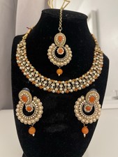 Orange Beaded Indian Jewelry Set Necklace, Earrings & Tikka