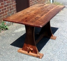 Antique solid yew wood Arts & Crafts refectory kitchen dining table seats 6