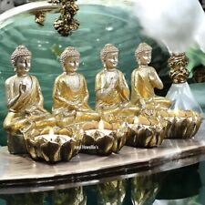 Thai Buddha Candle Holder Meditating Four Tea Light Zen Ornament Sculpture Gold