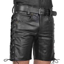 UK Men's Real Leather Side Lace up Black Leather Short Clubwear Belted Cargo