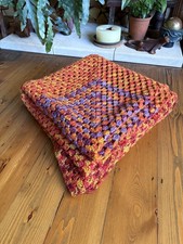 Vintage large orange Crochet blanket thick wool throw double bedspread 71x76”