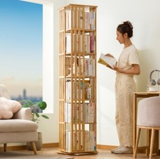 6 Tier Rotating Bookshelf 360 Display Book Storage Tower Solid Bamboo Bookcase