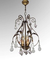 Vintage French Toleware Chandelier Ceiling Light With Glass And Porcelain Drops