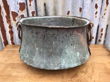 LARGE ANTIQUE COPPER CAULDRON / PLANTER WITH WROUGHT IRON HANDLES 49cm DIAMETER 